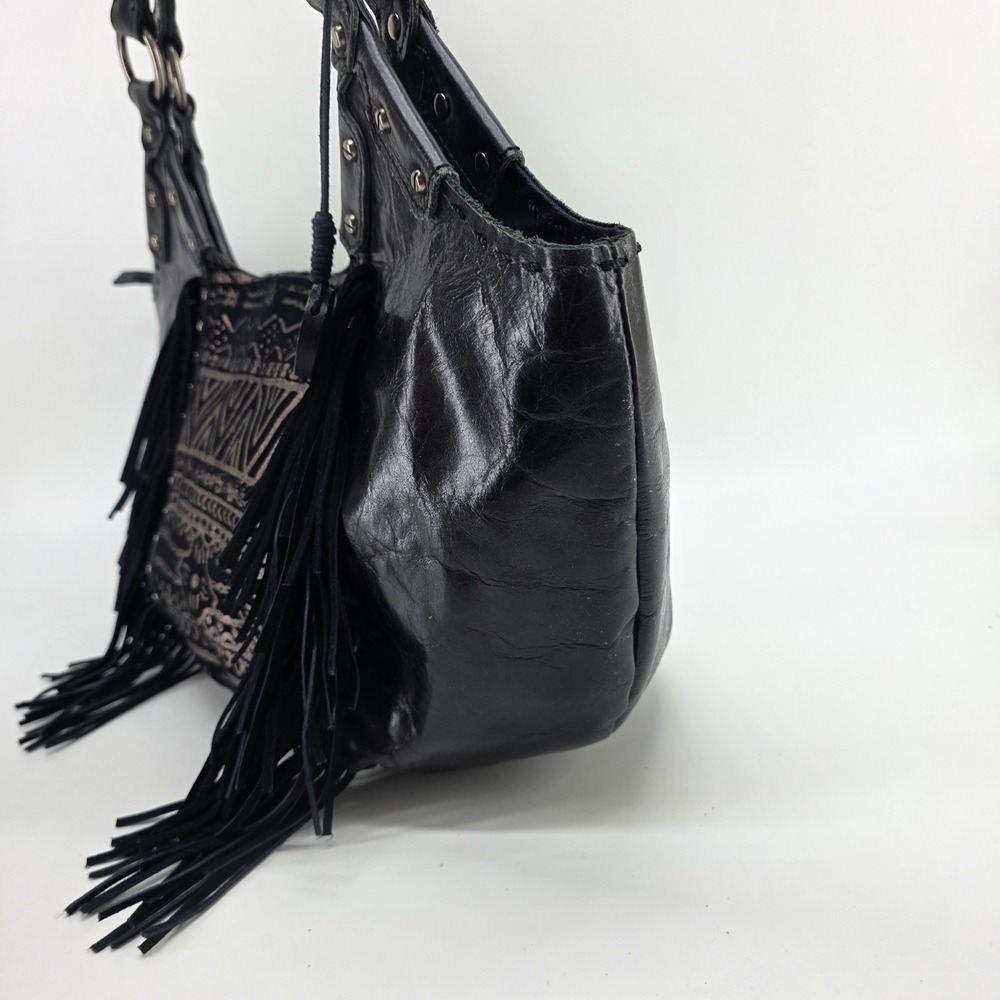 The Sak Leather Hobo Shoulder Bag Black Leather Silver Aztec Fringe Boho Tote - Picture 4 of 12
